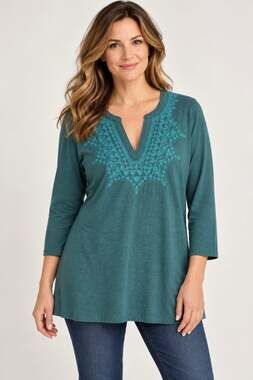 Pure Jill J. Jill Green Cotton Embroidered Tunic Top Size M 3/4 Sleeve V Neck